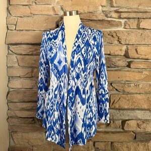 Chicos Blue White Ikat Linen Open Front Cardigan Long Sleeve Size 1 M 100% Linen